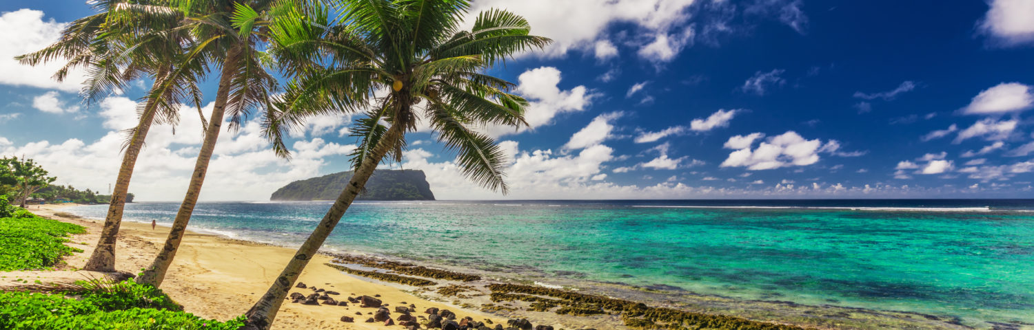 Lalomanu beach on Samoa Island with tree palm trees, Upolu, South Pacific